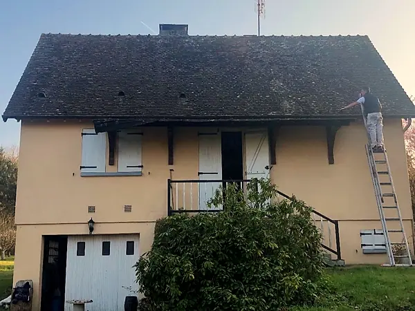 La toiture d'origine, noircie et envahie de mousse, avec un artisan sur une échelle